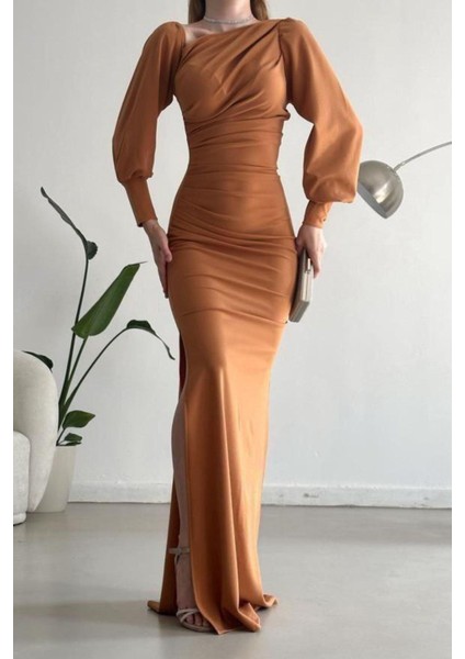 Tek Omuz Açık Detay Ithal Krep Kumaş Maxi Boy Uzun Kol Elbise Kahverengi 582307