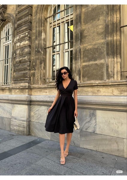 Kruvaze Yaka Midi Kloş Elbise 582932 Siyah