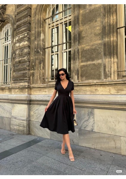 Kruvaze Yaka Midi Kloş Elbise 582932 Siyah fırsatları