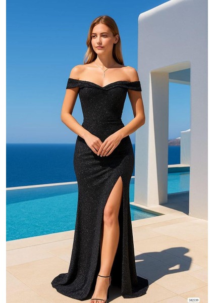 Kadın Simli Krep Kumaş Straplez Yaka Yırtmaçlı Maxi Elbise Siyah 582539