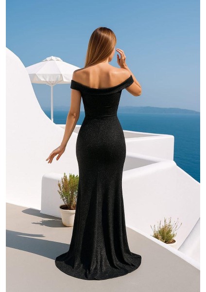 Kadın Simli Krep Kumaş Straplez Yaka Yırtmaçlı Maxi Elbise Siyah 582539 fiyatları