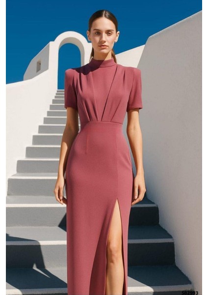 Sırt Pencereli Yırtmaçlı Yarım Kol Abiye Elbise Gülkurusu 582993