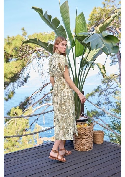 Monamise Etnik Desenli Kısa Kollu Önü Düğmeli V Yaka Elbise fiyatları