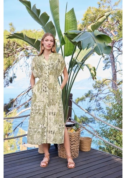 Monamise Etnik Desenli Kısa Kollu Önü Düğmeli V Yaka Elbise modelleri