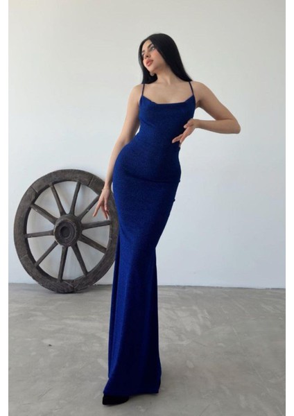 Askılı Sırt Kare Yaka Flower Kumaş Elbise Saks 582926