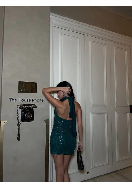 Işıltılı Payetli Halter Yaka Sırt Dekolteli Mini Gece Elbisesi 583229 Zumrut fırsatları