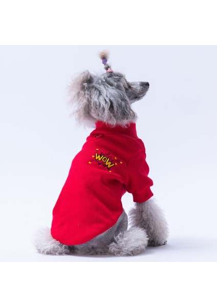 Kırmızı Wow Nakışlı Esnek Kedi Köpek Sweat- Kedi Köpek Kıyafeti