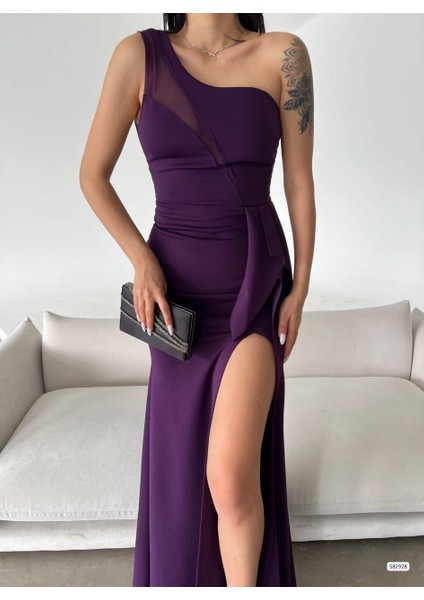 Tek Omuz Göğüsü Transparan Detay Scuba Kumaş Yırtmaçlı Abiye Elbise Mor 582928 fiyatları