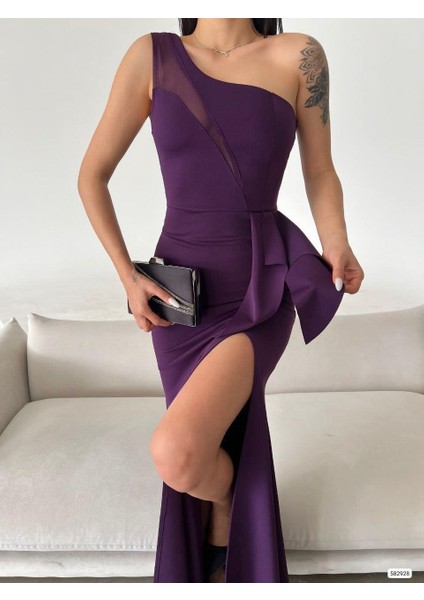 Tek Omuz Göğüsü Transparan Detay Scuba Kumaş Yırtmaçlı Abiye Elbise Mor 582928 modelleri