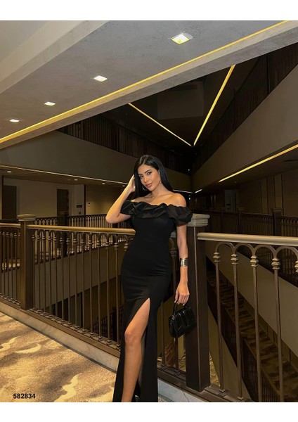 Katre Yaka Fırfırlı Yırtmaçlı Abiye 582834 Siyah