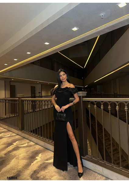 Katre Yaka Fırfırlı Yırtmaçlı Abiye 582834 Siyah fırsatları