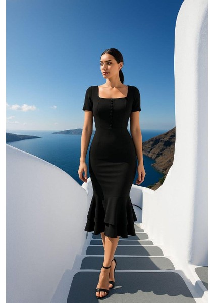 Kadın Kare Yaka Kısa Kollu Düğme Detay Çift Volanlı Midi Abiye Elbise Siyah 582981