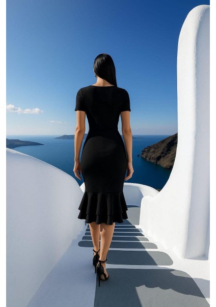 Kadın Kare Yaka Kısa Kollu Düğme Detay Çift Volanlı Midi Abiye Elbise Siyah 582981 fiyatları