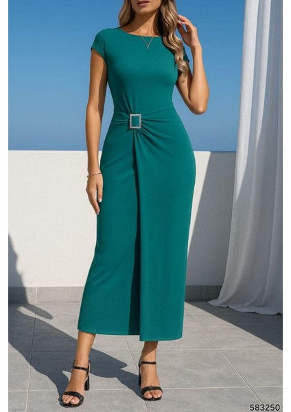 Kemer Detaylı Sandy Kumaş Kısa Kol Elbise Zümrüt 583250