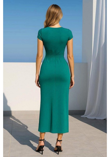Kemer Detaylı Sandy Kumaş Kısa Kol Elbise Zümrüt 583250 fiyatları