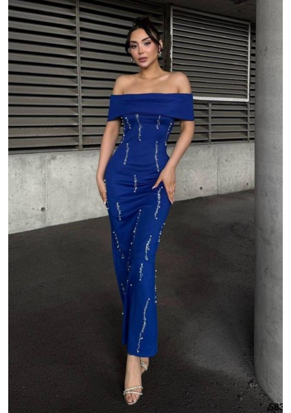 Taş Detaylı Straplez Yaka Scuba Kumaş Elbise Saks 583241