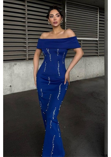 Taş Detaylı Straplez Yaka Scuba Kumaş Elbise Saks 583241 modelleri