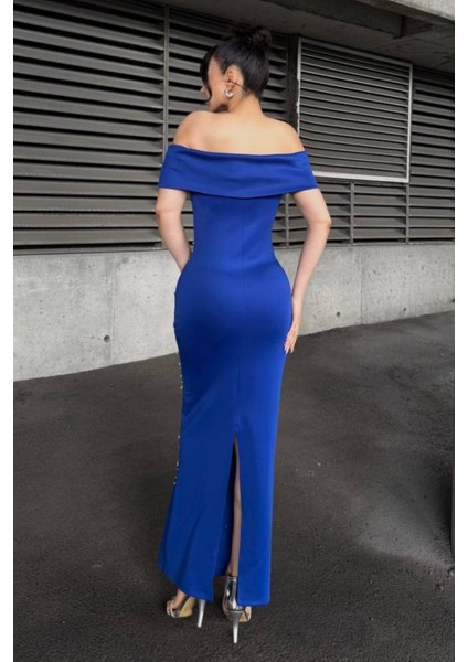 Taş Detaylı Straplez Yaka Scuba Kumaş Elbise Saks 583241 fırsatları