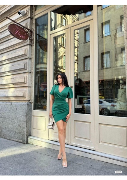 Kruvaze Yaka Balon Kol Büzgülü Elbise 583007 Zumrut modelleri