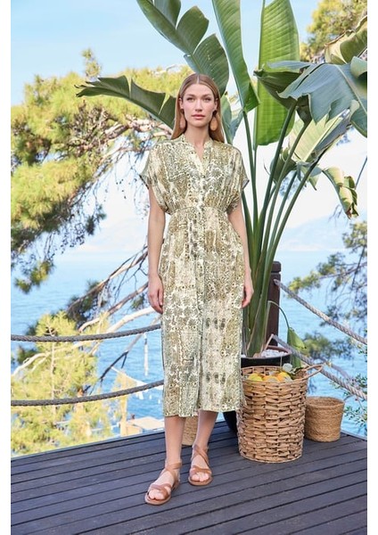 Monamise Etnik Desenli Kısa Kollu Önü Düğmeli V Yaka Elbise indirimleri