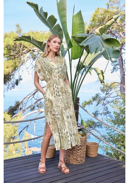 Monamise Etnik Desenli Kısa Kollu Önü Düğmeli V Yaka Elbise