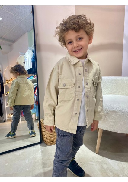 ​​​​​​​çocuk Denim Ceket – Düğmeli, Rahat Kesim, Bej fırsatları