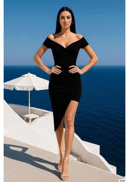 Krep Kumaş Omuz Detaylı Mini Elbise Siyah 582879