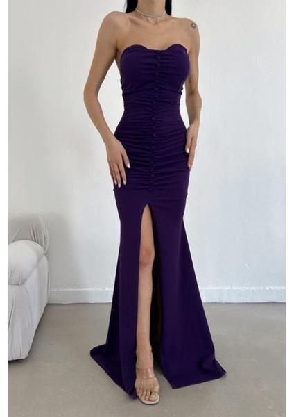 Düğme Detaylı Kalp Yaka Yırtmaçlı Elbise Mor 582550