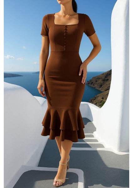 Kadın Kare Yaka Kısa Kollu Düğme Detay Çift Volanlı Midi Abiye Elbise Kahverengi 582981