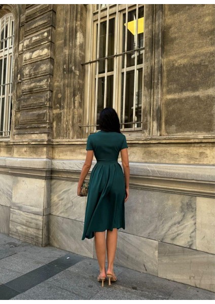 Kruvaze Yaka Midi Kloş Elbise 582932 Zumrut modelleri