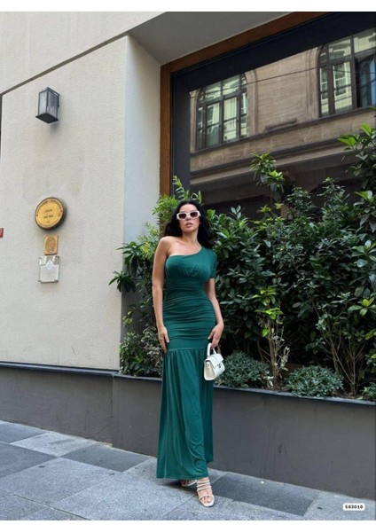 Sandy Kumaş Tek Omuz Detaylı Uzun Elbise 583010 Zumrut