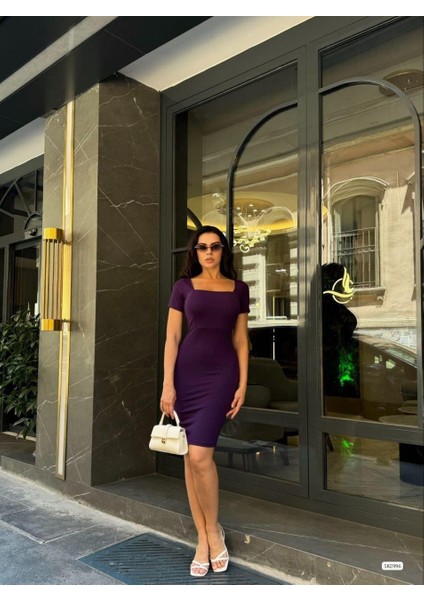 Kare Yaka Mini Basıc Elbise 582996 Mor