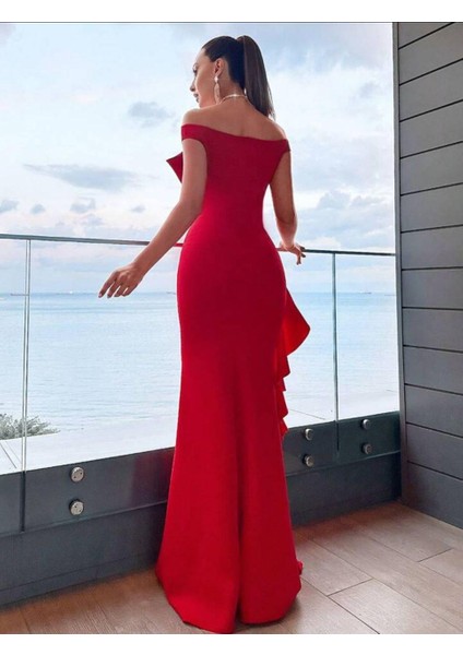 Kayık Yaka Çapraz Detaylı Fırfırlı Yırtmaçlı Balık Model Uzun Abiye Elbise 582470 Kirmizi modelleri