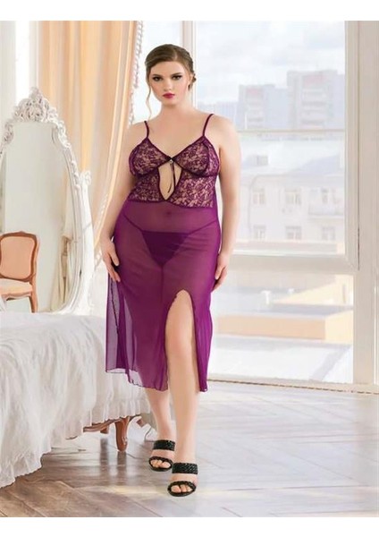 Arias Closet Büyük Beden Mor Dantelli Tül Fantezi Uzun Yırtmaçlı Gecelik fiyatları