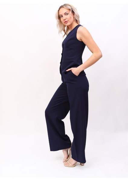 Klasik Yelek & Yüksek Bel Bol Paça Pantolon Takım-Lacivert fiyatları