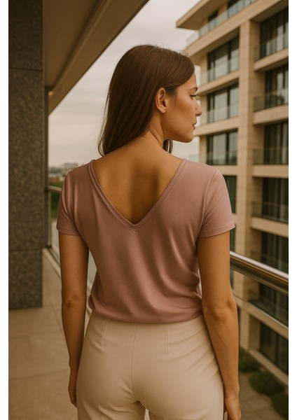 Kadın Pembe Viskon Ön Arka V Yakalı T-Shirt Yarasa Kol Relaxed Bluz indirimleri