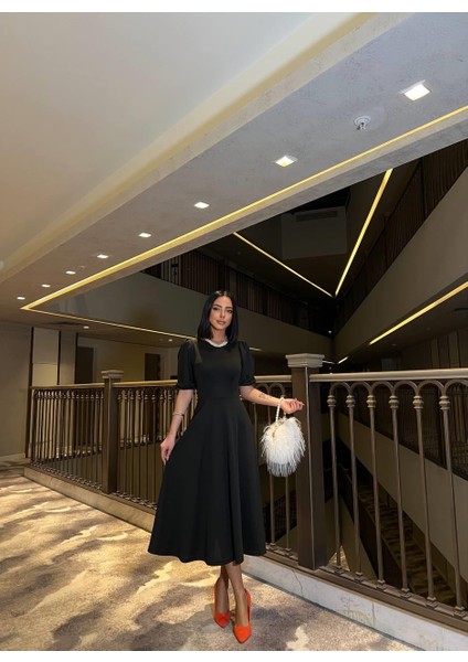 Siyah Karpuz Kollu Midi Boy Elbise 583151