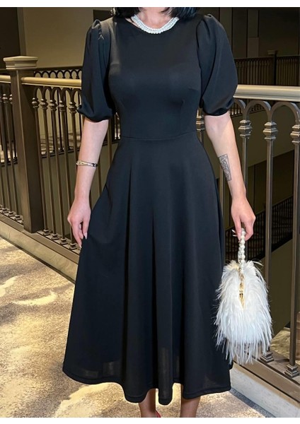 Siyah Karpuz Kollu Midi Boy Elbise 583151 modelleri