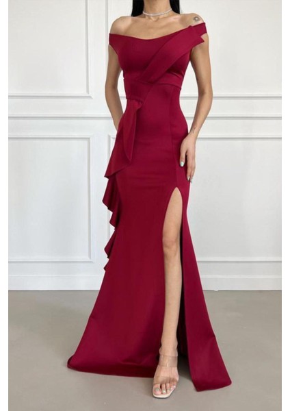 Kayık Yaka Çapraz Detaylı Fırfırlı Yırtmaçlı Balık Model Uzun Abiye Elbise Bordo 582470