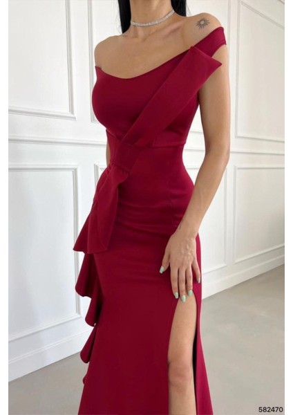Kayık Yaka Çapraz Detaylı Fırfırlı Yırtmaçlı Balık Model Uzun Abiye Elbise Bordo 582470 fiyatları