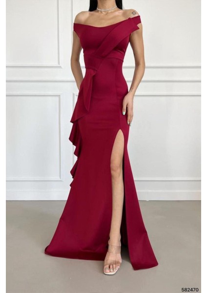 Kayık Yaka Çapraz Detaylı Fırfırlı Yırtmaçlı Balık Model Uzun Abiye Elbise Bordo 582470 modelleri