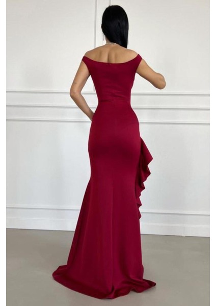 Kayık Yaka Çapraz Detaylı Fırfırlı Yırtmaçlı Balık Model Uzun Abiye Elbise Bordo 582470 fırsatları