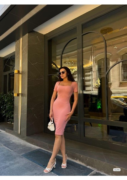 Kare Yaka Mini Basıc Elbise 582996 Gülkurusu
