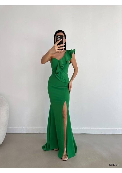 Tek Omuz Scuba Krep Abiye Elbise 581321 Yeşil fiyatları