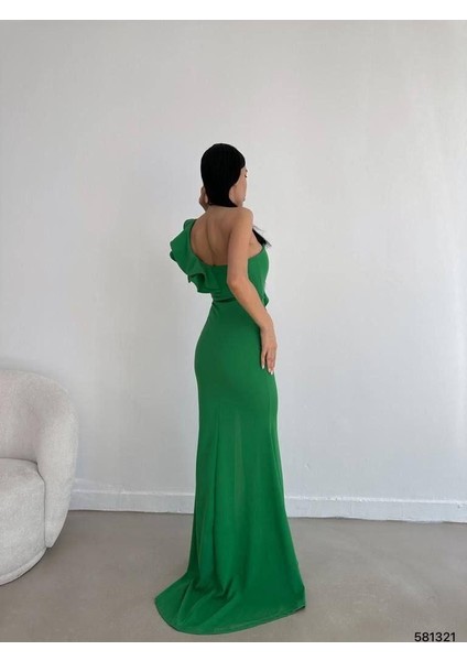 Tek Omuz Scuba Krep Abiye Elbise 581321 Yeşil indirimleri