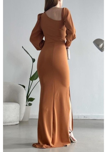 Tek Omuz Açık Detay Ithal Krep Kumaş Maxi Boy Uzun Kol Elbise Kahverengi 582307 modelleri
