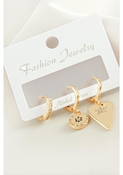 Wizard 3 Adet Kalp Zirkon Taşlı Küpe-Gümüş Rengi