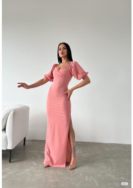 Krep Kumaş Kruvaze Yaka Balon Kol Yırtmaç Detaylı Maxi Elbise Pudra 582853