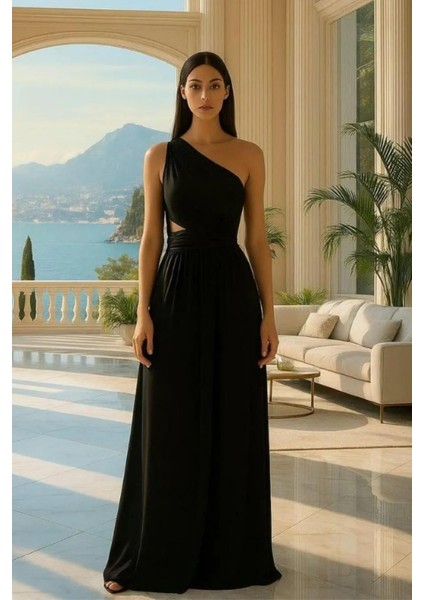 Tek Omuz Sandy Abiye Elbise 582603 Siyah