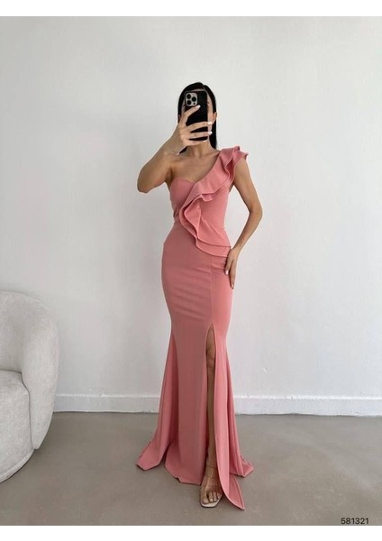 Tek Omuz Scuba Krep Abiye Elbise 581321 Pudra fiyatları
